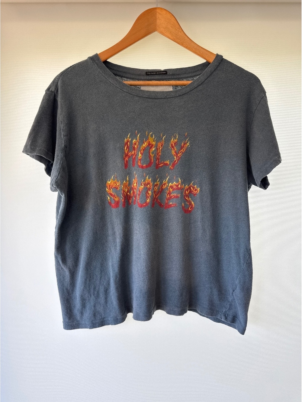 MOTHER Holy Smokes Graphic T Shirt Womens L Faded Black Flame Cropped Tee